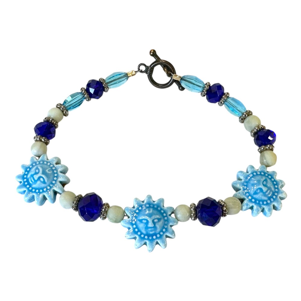 Celestial Bracelet Blue Ceramic Sun Face Beaded Boho Artisan Toggle Clasp Witchy
